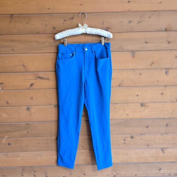Oiselle Roga Performance Jean Pacific Blue Geometric Golf Pant S Pocket Skinny - Picture 1 of 8
